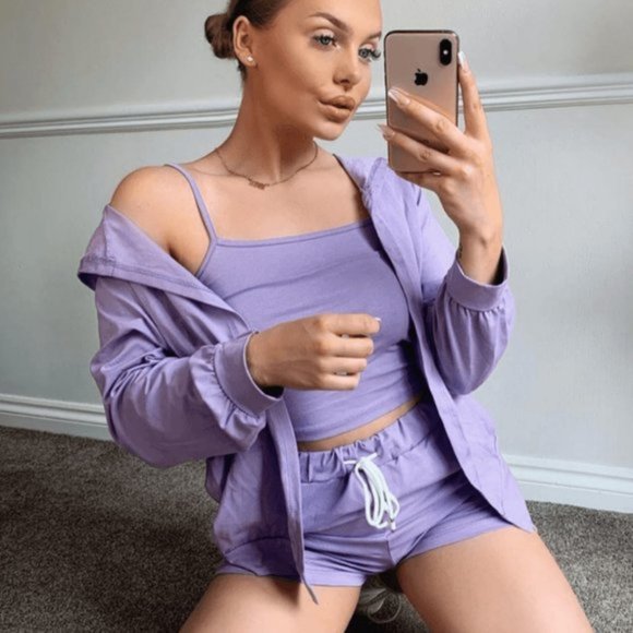 Purple Sleeveless Crop Top Shorts and Hoodie Three Piece Set - Picture 5 of 9